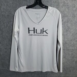 Huk Performance Fishing V Neck Shirt Women's Medium Gray Long Sleeve Top Sports